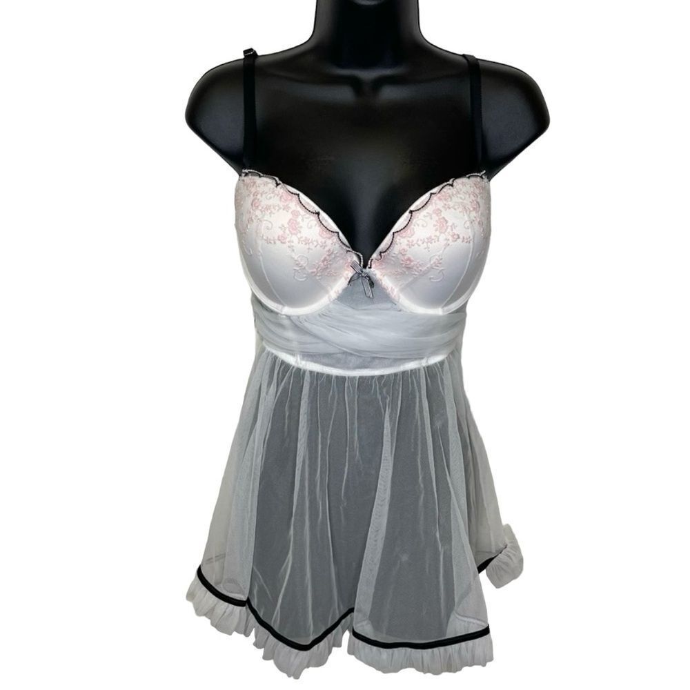 Victoria’s Secret Sheer Babydoll Lingerie Mesh Bottom Padded Bra White Pink 36D